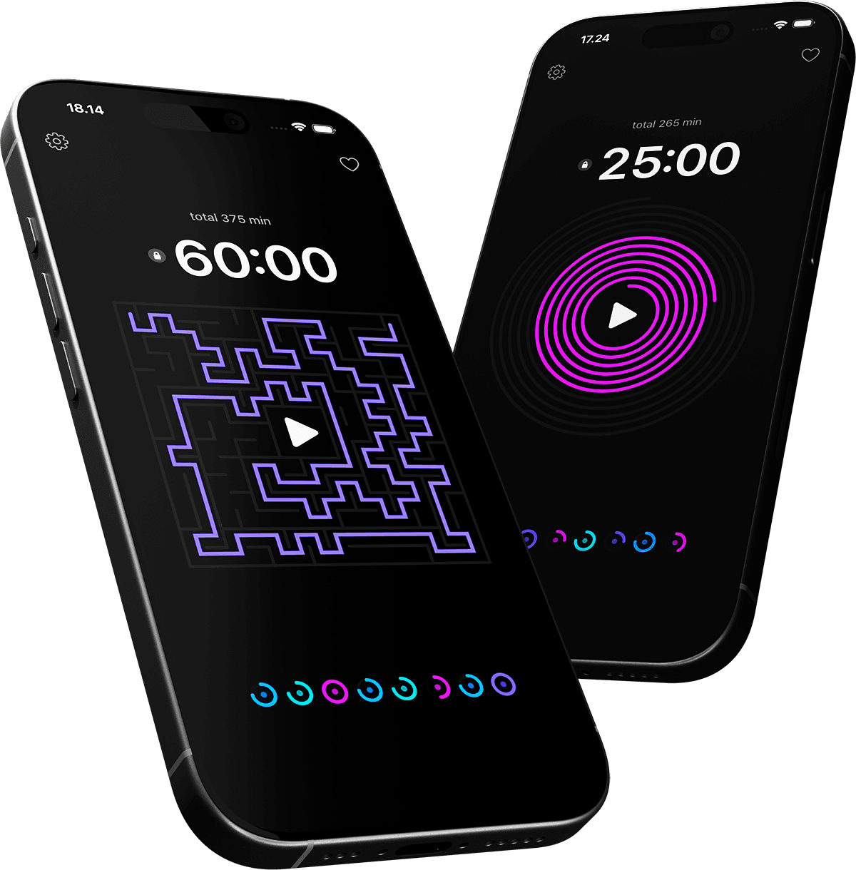 Chromeo on two iPhones, showing visual maze and ring timers